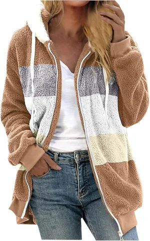 Women's Fleece Jackets Fashion Drawstring Hooded Sweatshirt Oversized Fall Winter Zipper Coats Warm Outwear for Women