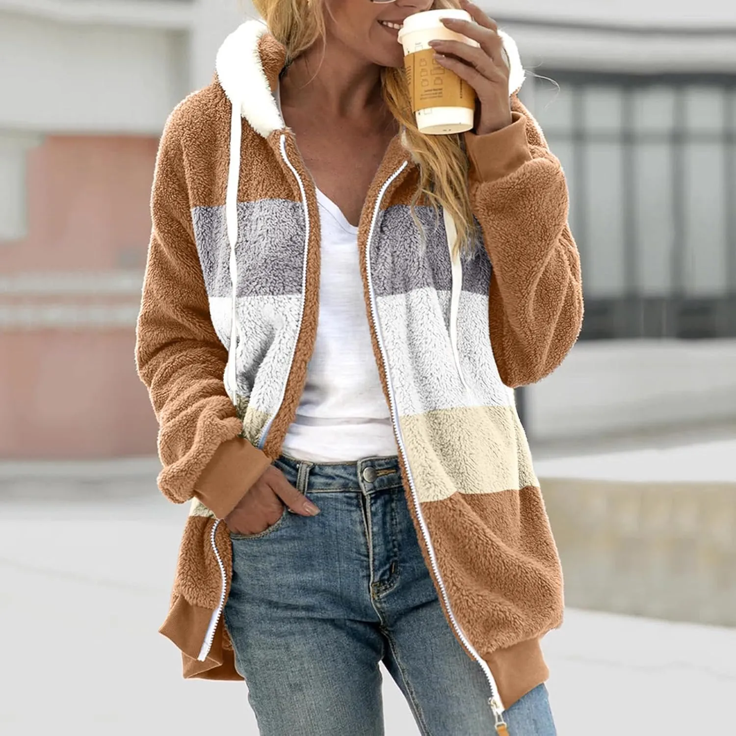 Women's Fleece Jackets Fashion Drawstring Hooded Sweatshirt Oversized Fall Winter Zipper Coats Warm Outwear for Women