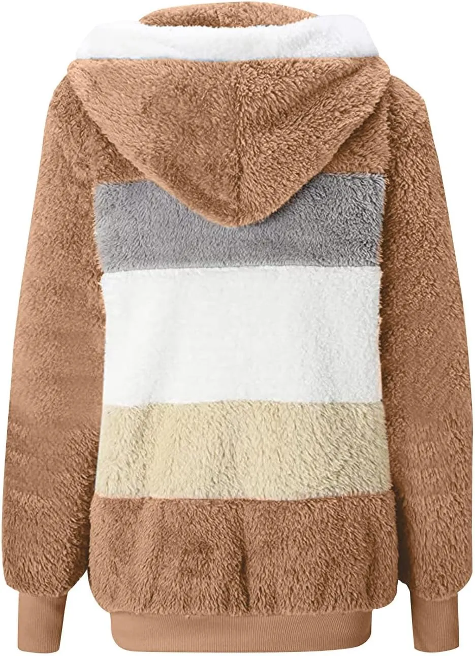 Women's Fleece Jackets Fashion Drawstring Hooded Sweatshirt Oversized Fall Winter Zipper Coats Warm Outwear for Women
