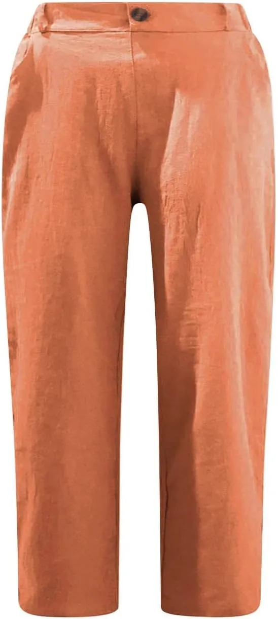 Women's Folded Hem Cotton Linen Shorts Elastic Waist Shorts Long Shorts Below The Knee Pocket Sporty Shorts