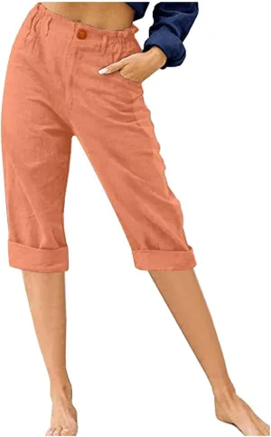 Women's Folded Hem Cotton Linen Shorts Elastic Waist Shorts Long Shorts Below The Knee Pocket Sporty Shorts