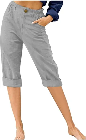 Women's Folded Hem Cotton Linen Shorts Elastic Waist Shorts Long Shorts Below The Knee Pocket Sporty Shorts