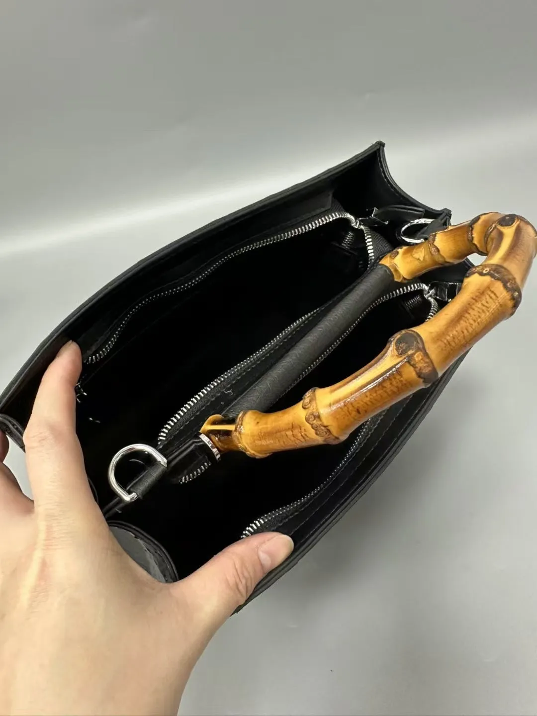 Womens  Genuine Ostrich Skin Leather With Bamboo Handle Bag Small Top Handle Cross Body Handbag