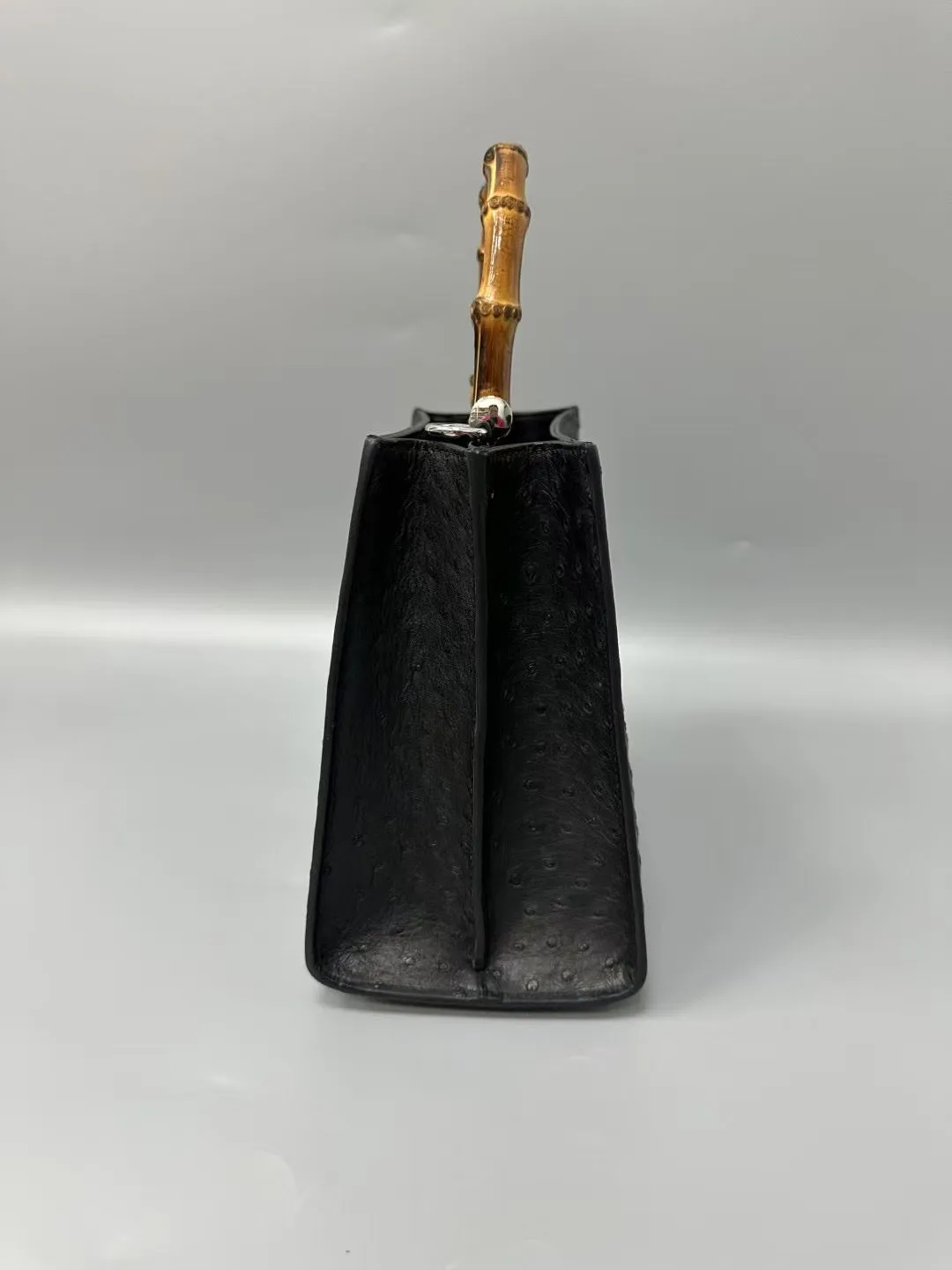 Womens  Genuine Ostrich Skin Leather With Bamboo Handle Bag Small Top Handle Cross Body Handbag