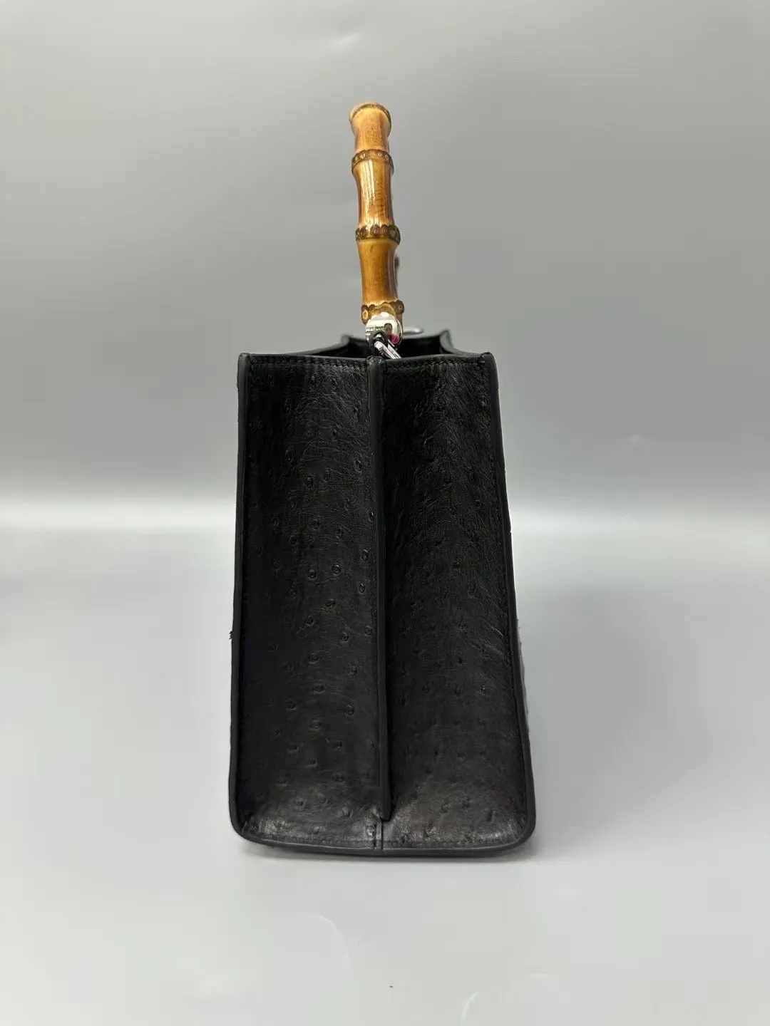 Womens  Genuine Ostrich Skin Leather With Bamboo Handle Bag Small Top Handle Cross Body Handbag