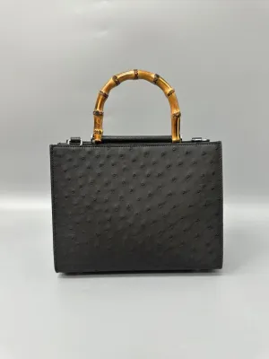 Womens  Genuine Ostrich Skin Leather With Bamboo Handle Bag Small Top Handle Cross Body Handbag