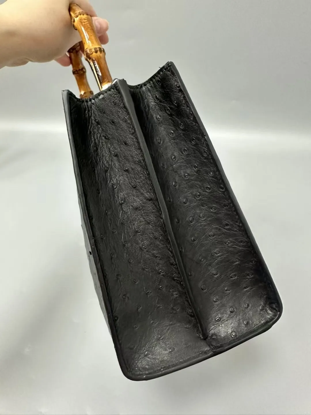 Womens  Genuine Ostrich Skin Leather With Bamboo Handle Bag Small Top Handle Cross Body Handbag