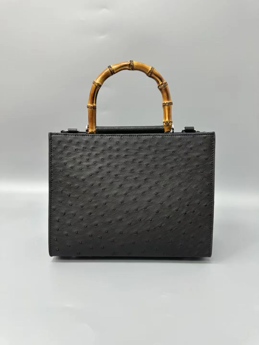 Womens  Genuine Ostrich Skin Leather With Bamboo Handle Bag Small Top Handle Cross Body Handbag