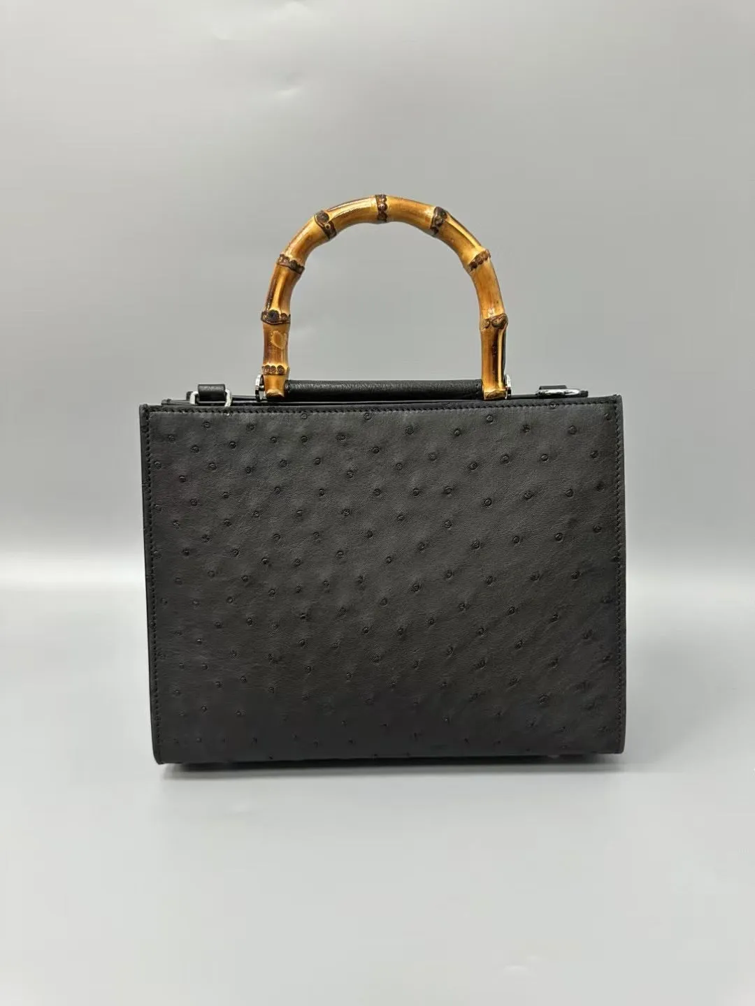 Womens  Genuine Ostrich Skin Leather With Bamboo Handle Bag Small Top Handle Cross Body Handbag