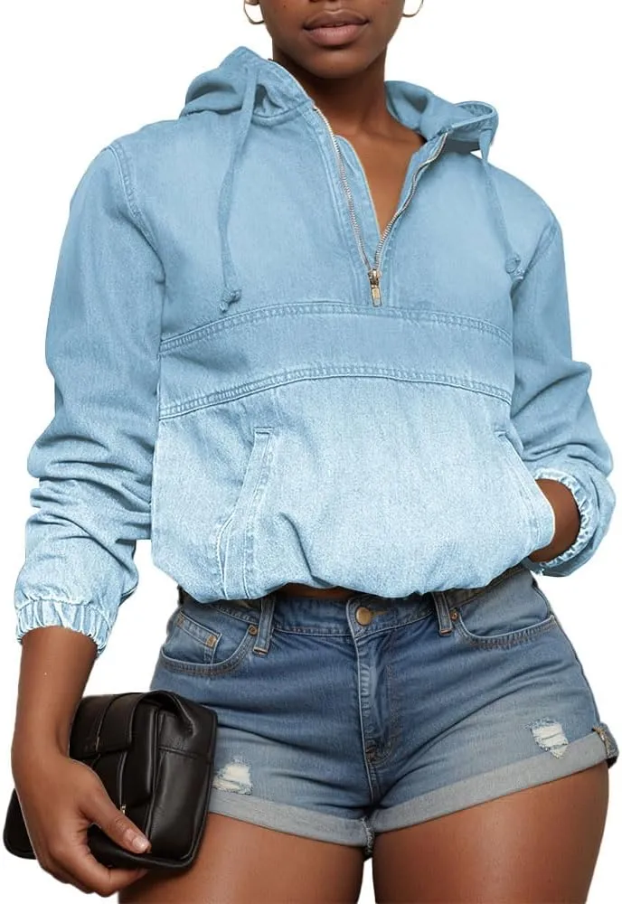 Women's Half Zip Denim Hoodie Pullover Jacket Jean Tops