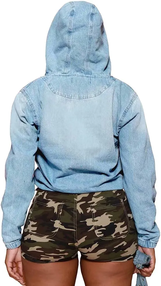 Women's Half Zip Denim Hoodie Pullover Jacket Jean Tops