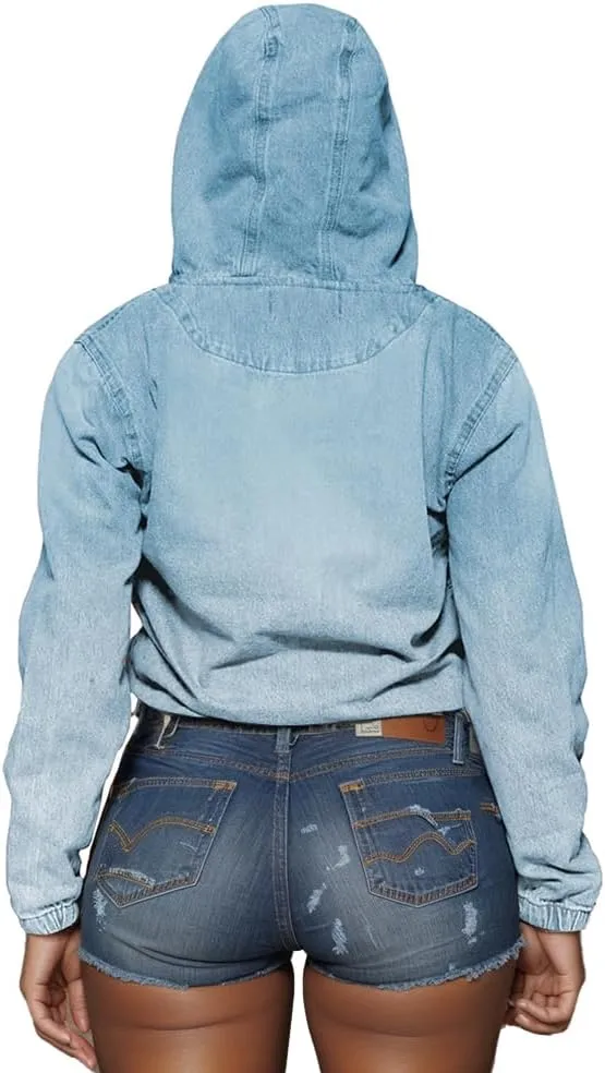 Women's Half Zip Denim Hoodie Pullover Jacket Jean Tops