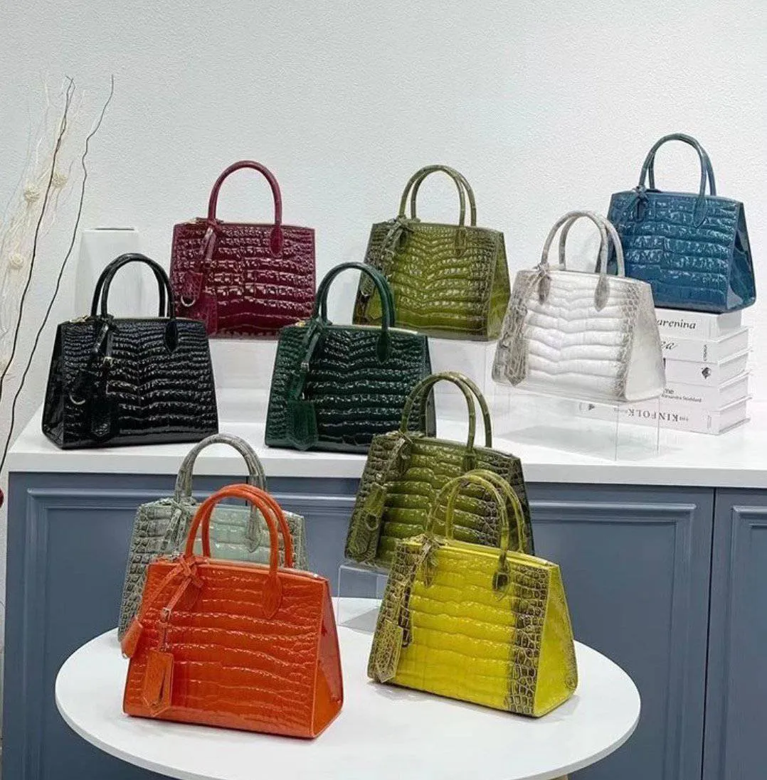 Women's High Glossy Beaded Crocodile Leather Top Handle  Cross Body Bag