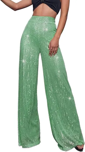 Women's High Waisted 80s Sparkle Sequin Pants Loose Drape Wide Leg Pants Women's Fashion Bling Glitter Dance Pants