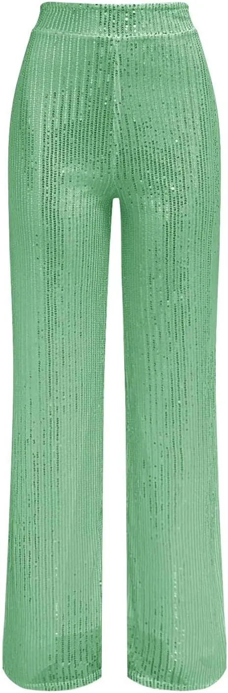 Women's High Waisted 80s Sparkle Sequin Pants Loose Drape Wide Leg Pants Women's Fashion Bling Glitter Dance Pants