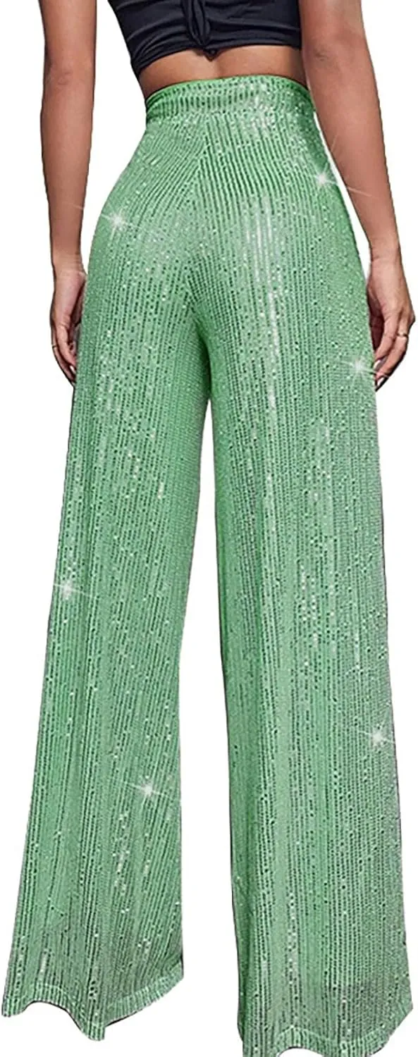 Women's High Waisted 80s Sparkle Sequin Pants Loose Drape Wide Leg Pants Women's Fashion Bling Glitter Dance Pants
