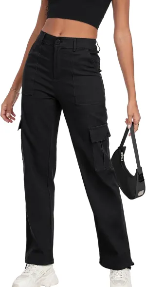 Women's High Waisted Cargo Pants Baggy Y2K Streetwear Stretchy Pants with 6 Pockets Ankle Drawstring