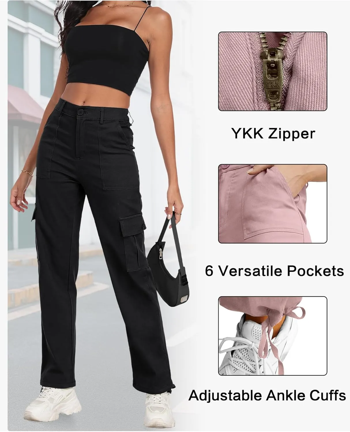 Women's High Waisted Cargo Pants Baggy Y2K Streetwear Stretchy Pants with 6 Pockets Ankle Drawstring