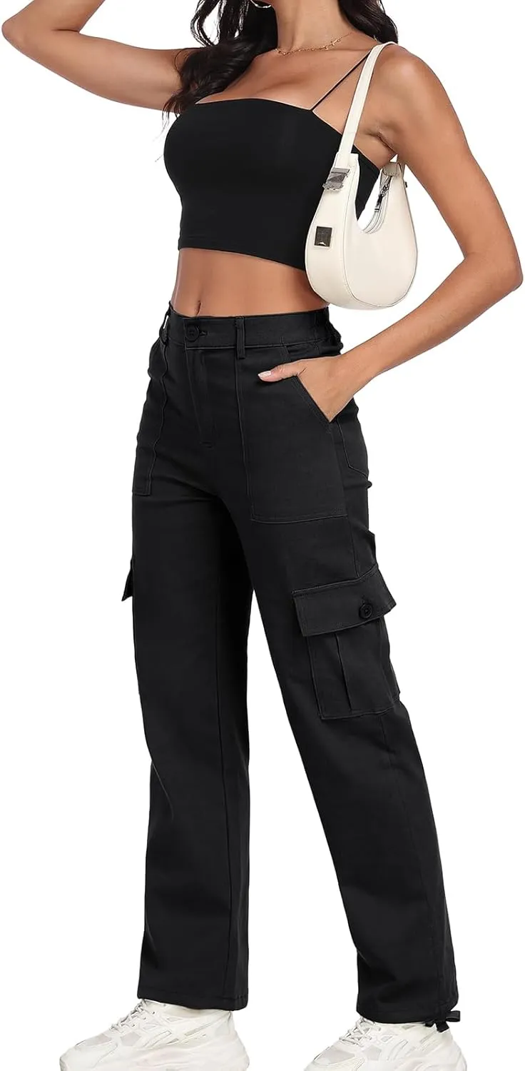 Women's High Waisted Cargo Pants Baggy Y2K Streetwear Stretchy Pants with 6 Pockets Ankle Drawstring
