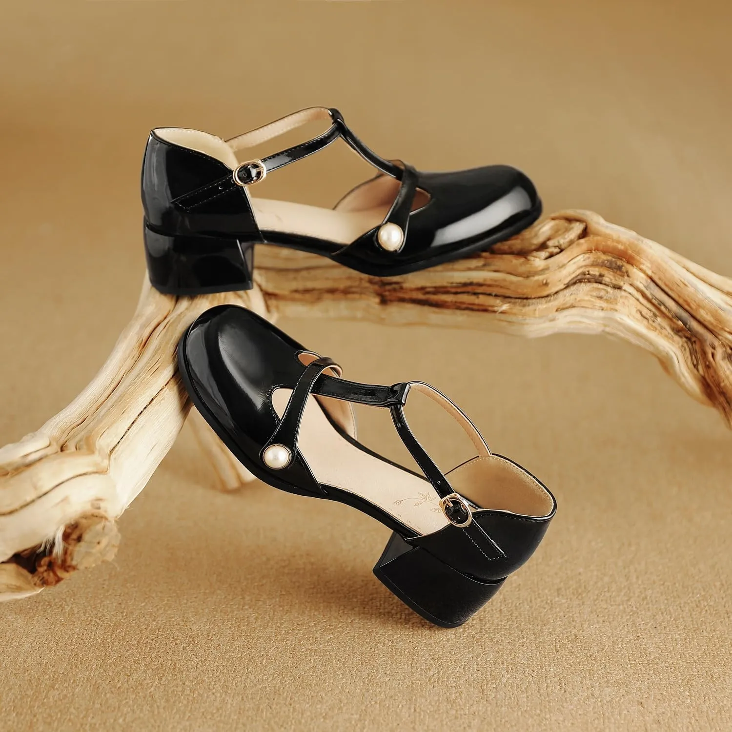 Women's JS31 Square Heels Beaded Low Top Patent-Leather Low Block D-Orsay Pumps