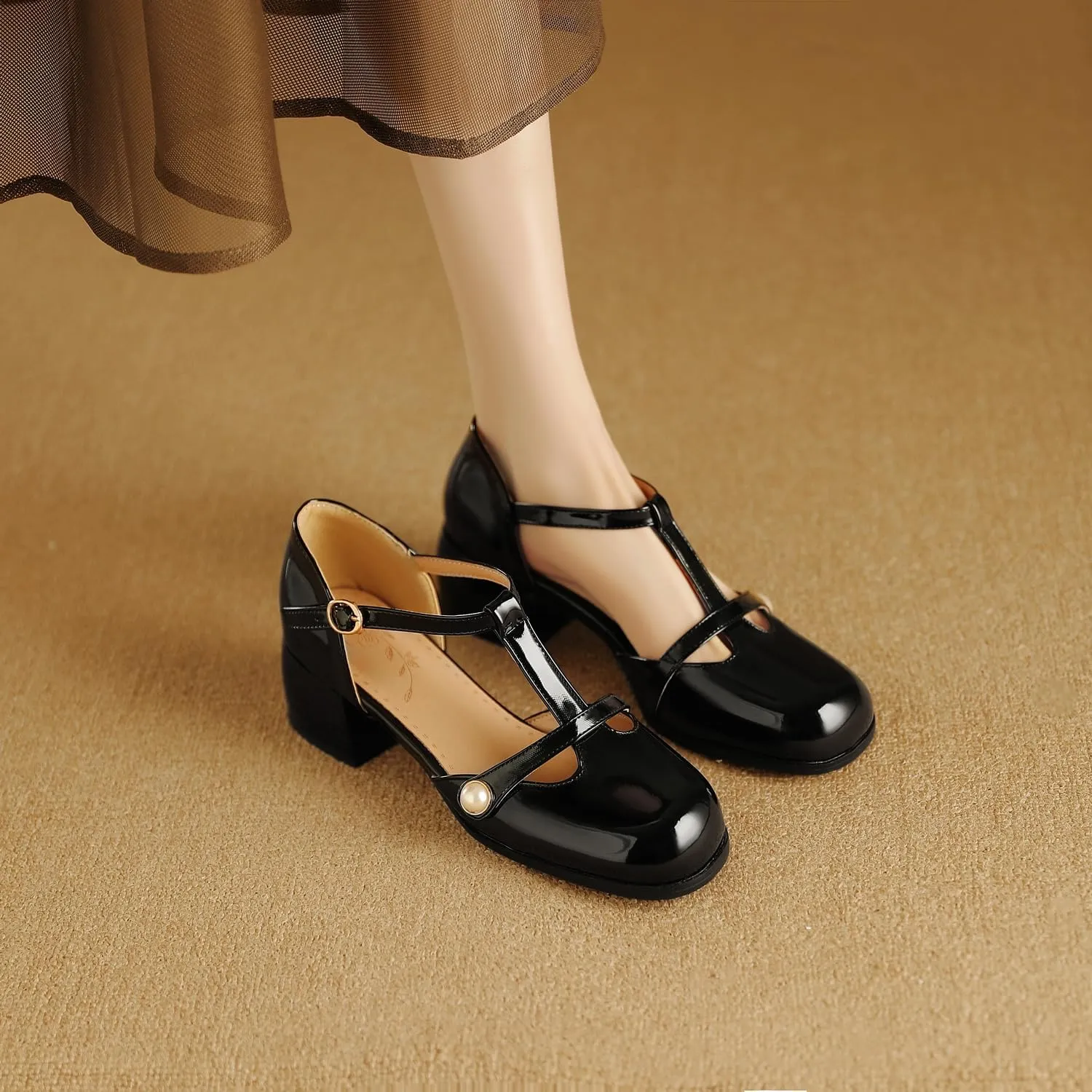 Women's JS31 Square Heels Beaded Low Top Patent-Leather Low Block D-Orsay Pumps