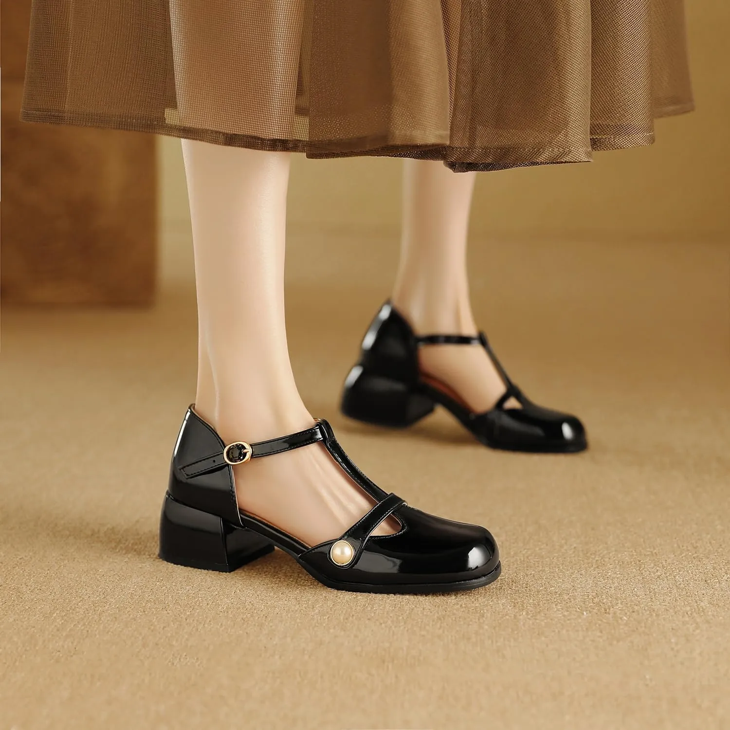 Women's JS31 Square Heels Beaded Low Top Patent-Leather Low Block D-Orsay Pumps