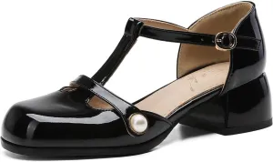 Women's JS31 Square Heels Beaded Low Top Patent-Leather Low Block D-Orsay Pumps