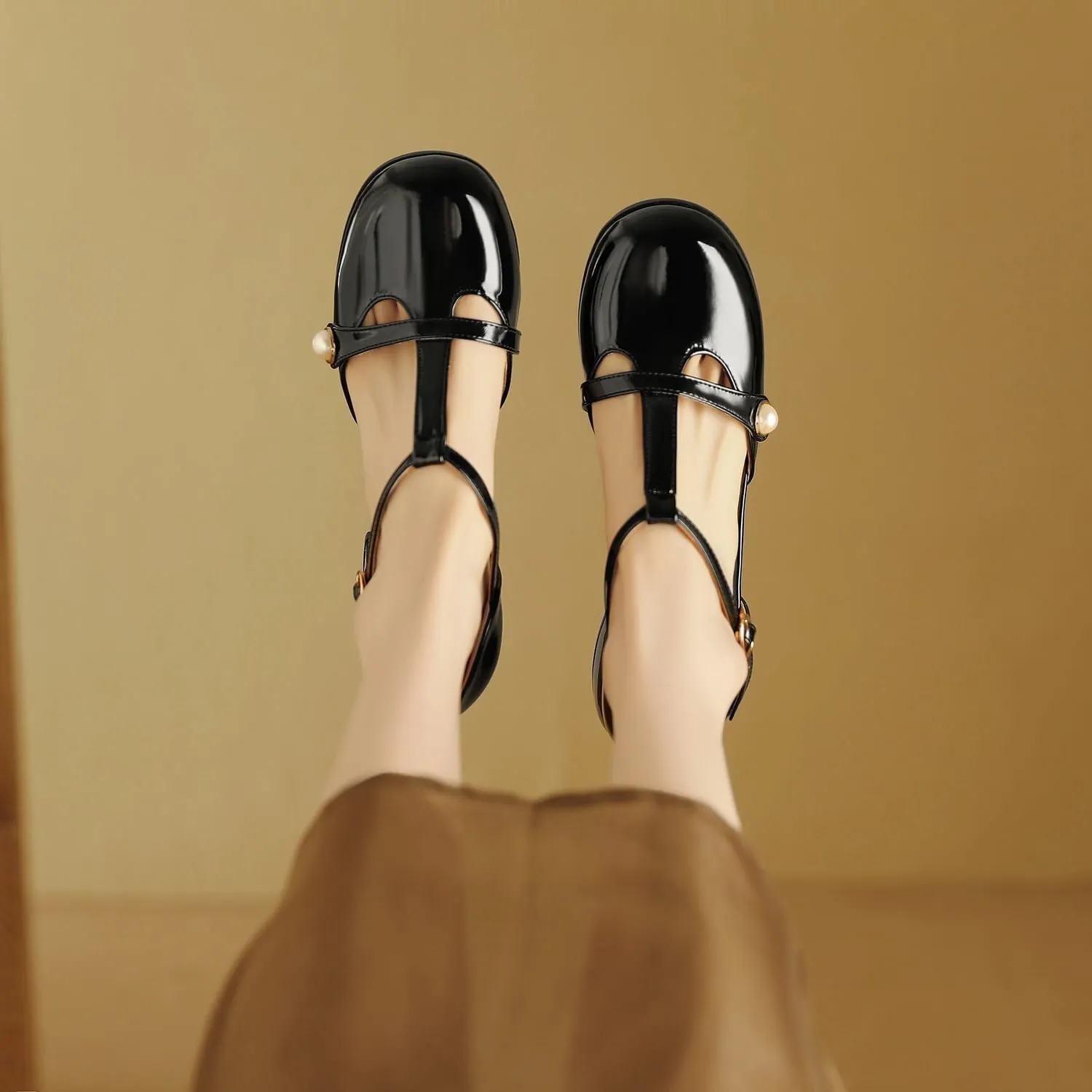 Women's JS31 Square Heels Beaded Low Top Patent-Leather Low Block D-Orsay Pumps