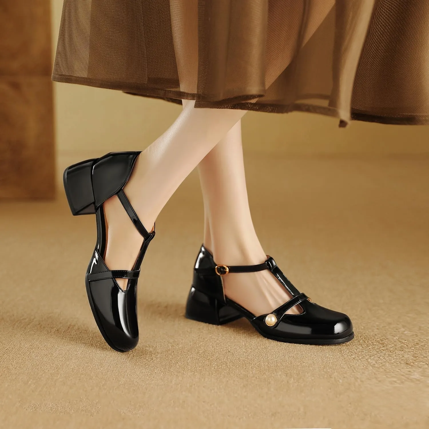 Women's JS31 Square Heels Beaded Low Top Patent-Leather Low Block D-Orsay Pumps