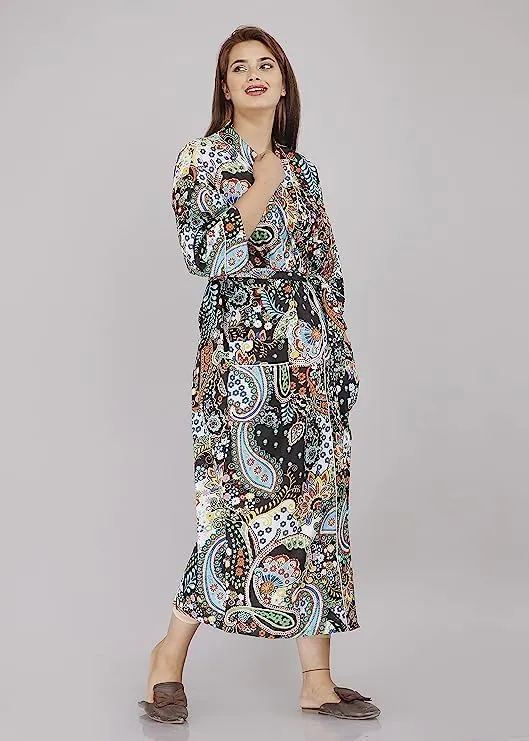 Women's Kimono Handblock Paisely Floral Print Robe Long Kimono Women Stylish Printed Kimono Bath Robe Night Wear Swim Wear