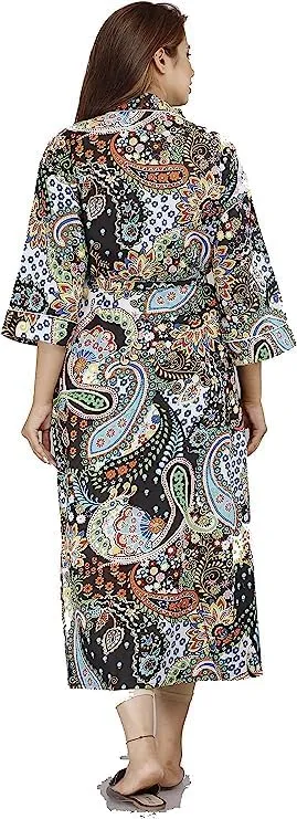 Women's Kimono Handblock Paisely Floral Print Robe Long Kimono Women Stylish Printed Kimono Bath Robe Night Wear Swim Wear