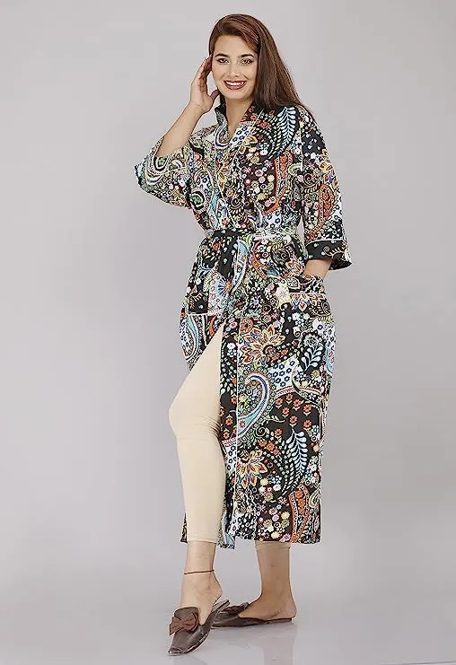 Women's Kimono Handblock Paisely Floral Print Robe Long Kimono Women Stylish Printed Kimono Bath Robe Night Wear Swim Wear