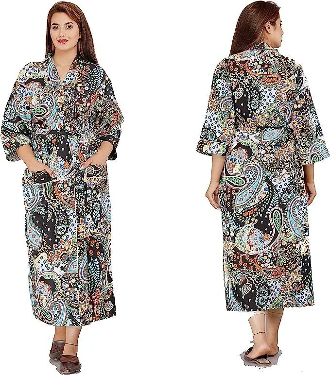 Women's Kimono Handblock Paisely Floral Print Robe Long Kimono Women Stylish Printed Kimono Bath Robe Night Wear Swim Wear