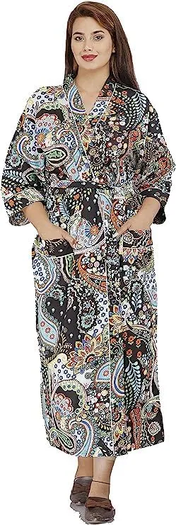 Women's Kimono Handblock Paisely Floral Print Robe Long Kimono Women Stylish Printed Kimono Bath Robe Night Wear Swim Wear
