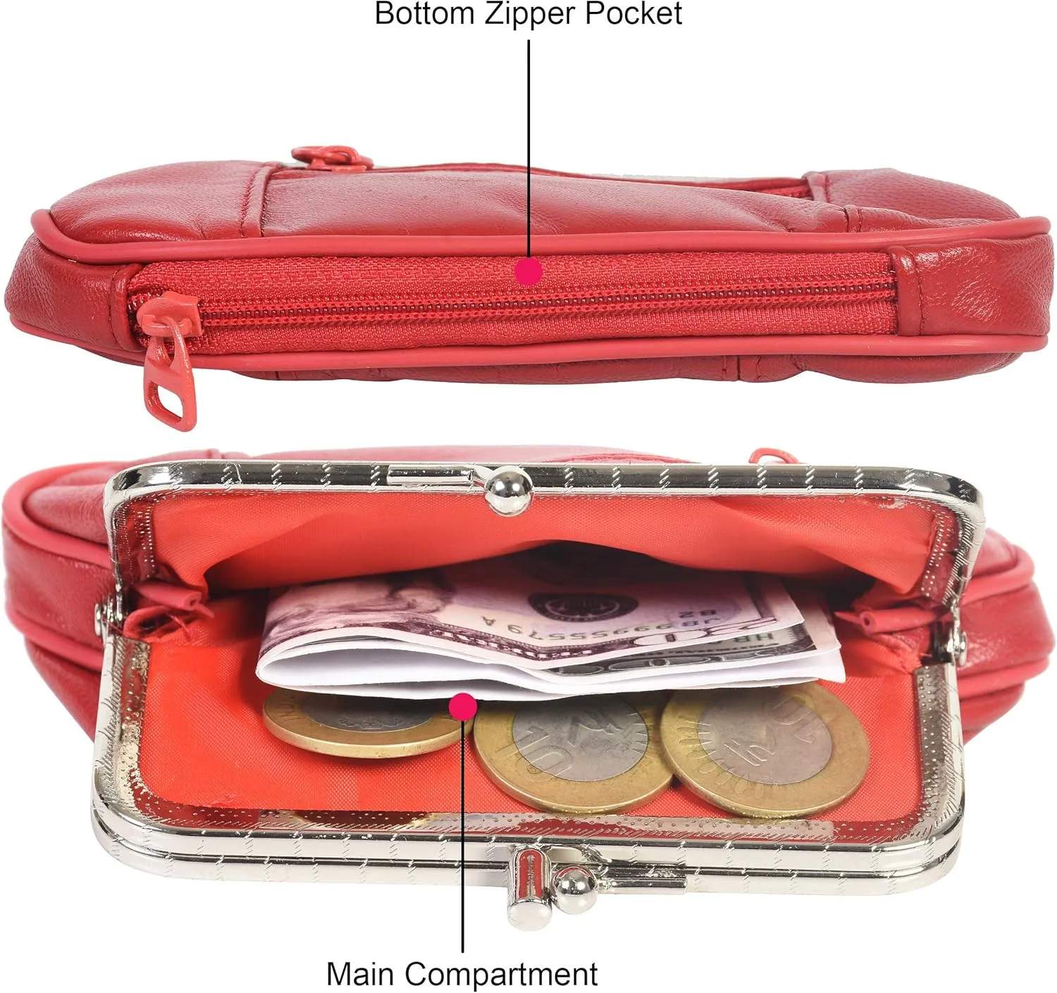 Women's Leather Metal Frame Double Clasp Zipper Coin Purse 5 1/4" x 3 1/4" (Red)