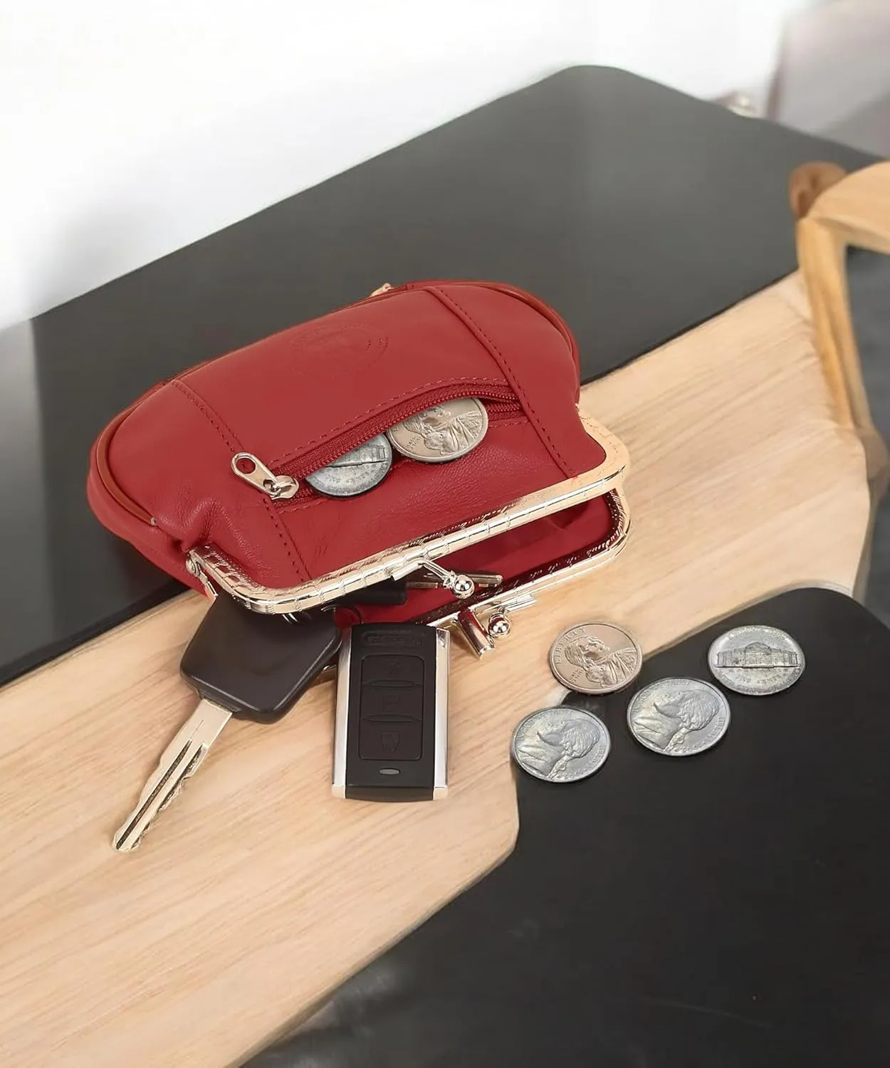 Women's Leather Metal Frame Double Clasp Zipper Coin Purse 5 1/4" x 3 1/4" (Red)