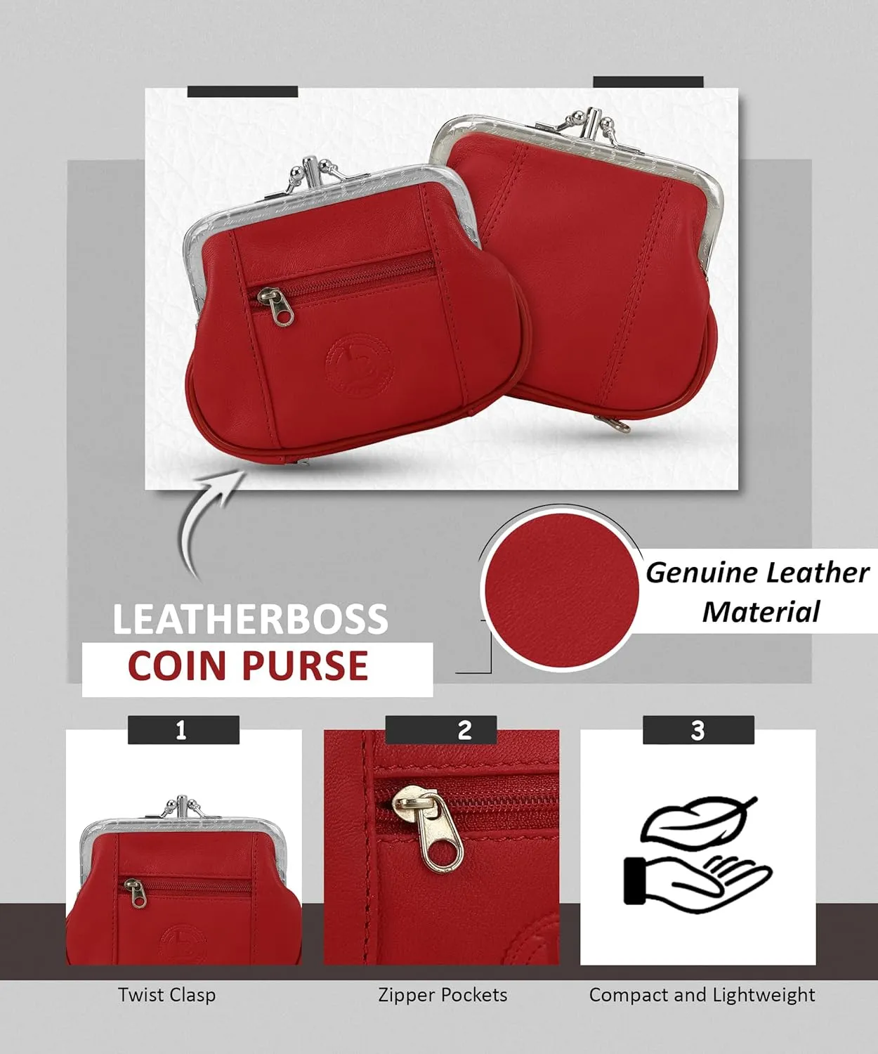 Women's Leather Metal Frame Double Clasp Zipper Coin Purse 5 1/4" x 3 1/4" (Red)