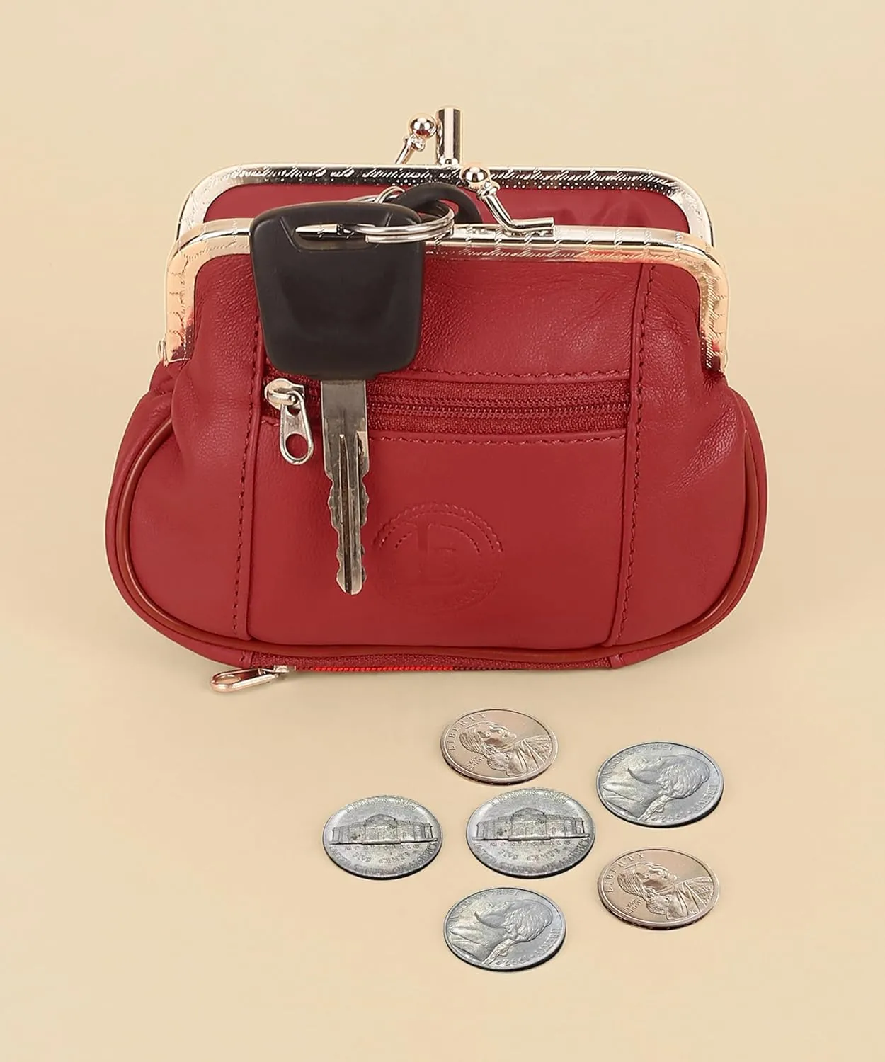 Women's Leather Metal Frame Double Clasp Zipper Coin Purse 5 1/4" x 3 1/4" (Red)