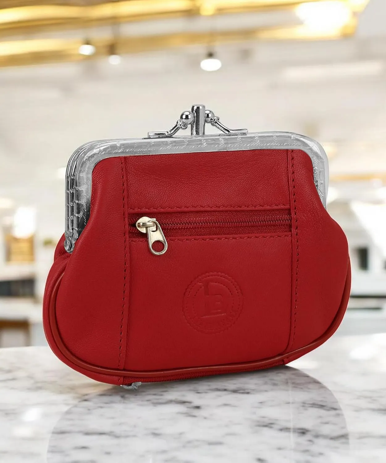 Women's Leather Metal Frame Double Clasp Zipper Coin Purse 5 1/4" x 3 1/4" (Red)