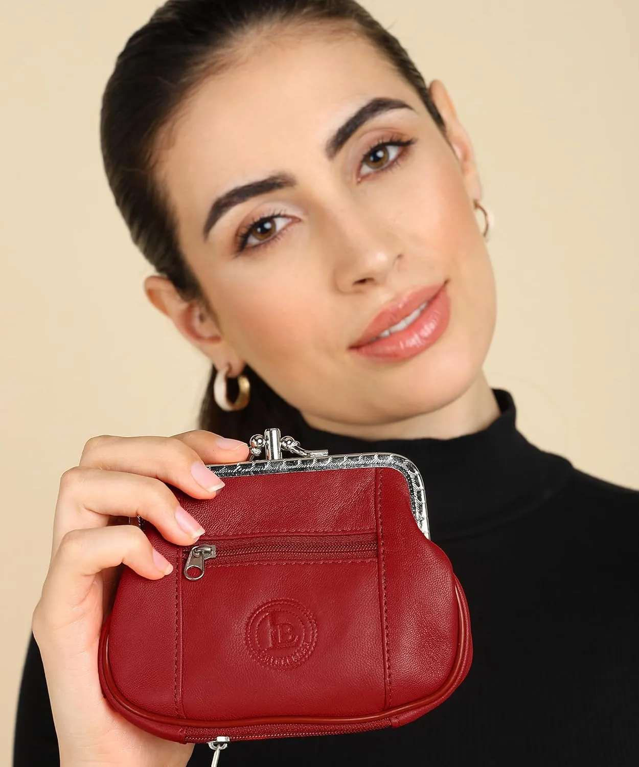 Women's Leather Metal Frame Double Clasp Zipper Coin Purse 5 1/4" x 3 1/4" (Red)