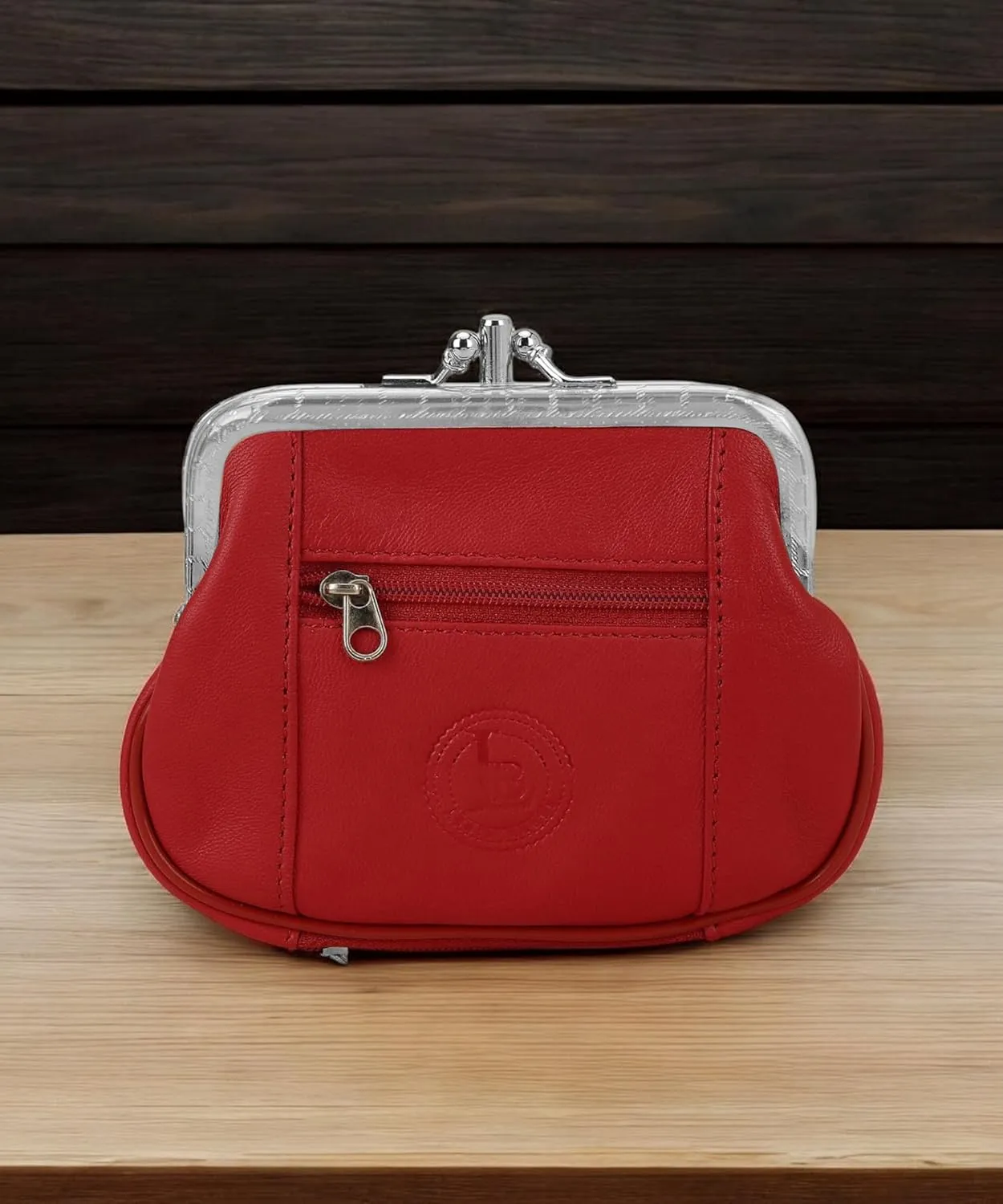 Women's Leather Metal Frame Double Clasp Zipper Coin Purse 5 1/4" x 3 1/4" (Red)