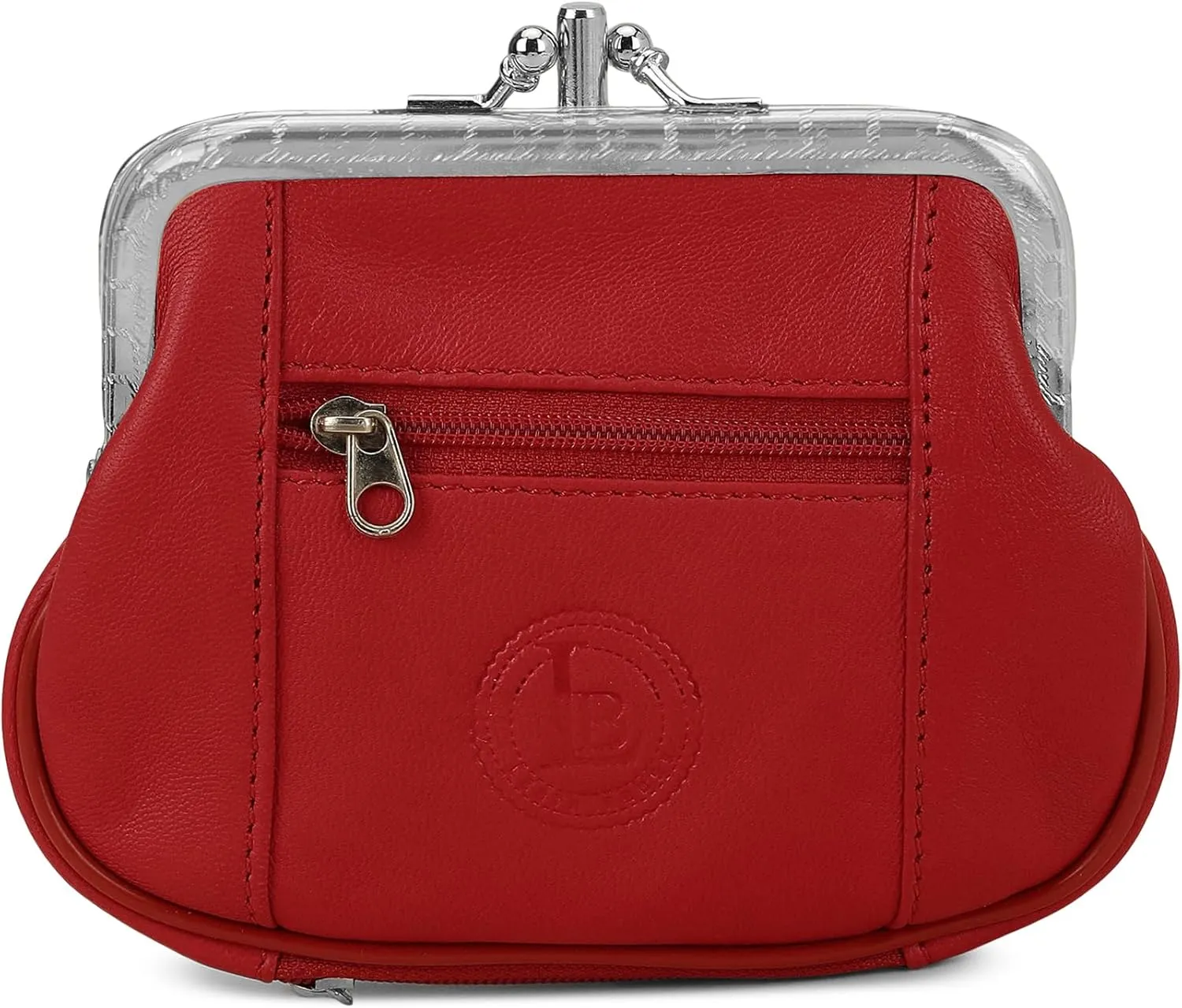 Women's Leather Metal Frame Double Clasp Zipper Coin Purse 5 1/4" x 3 1/4" (Red)
