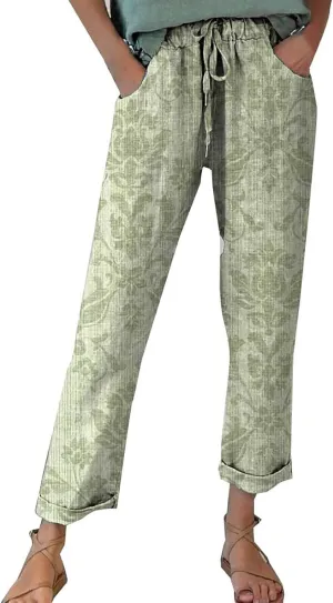 Womens Linen Pants Summer Casual Wide Leg Elastic Waist Tummy Control Trousers Comfy Baggy Beach Pants with Pockets