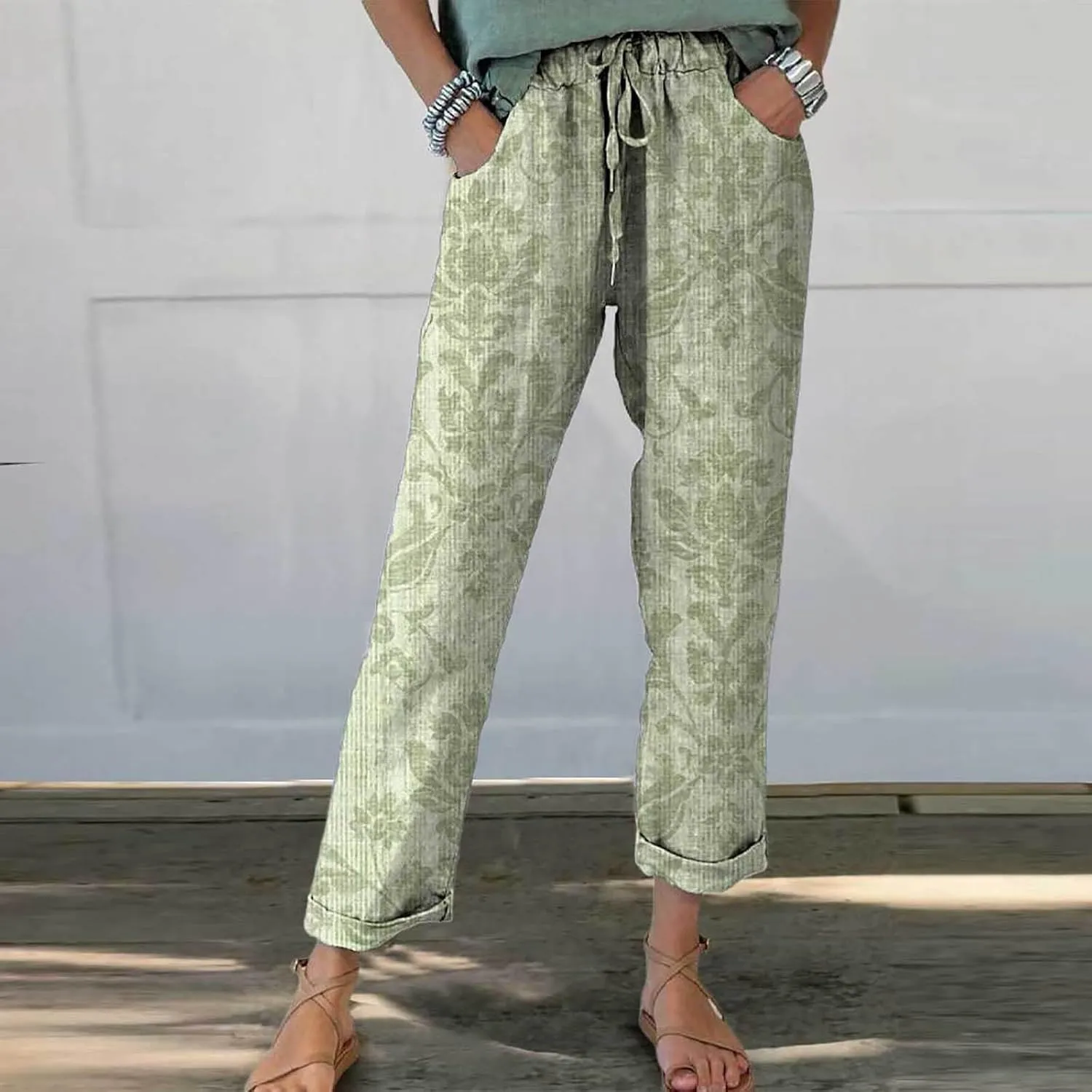 Womens Linen Pants Summer Casual Wide Leg Elastic Waist Tummy Control Trousers Comfy Baggy Beach Pants with Pockets
