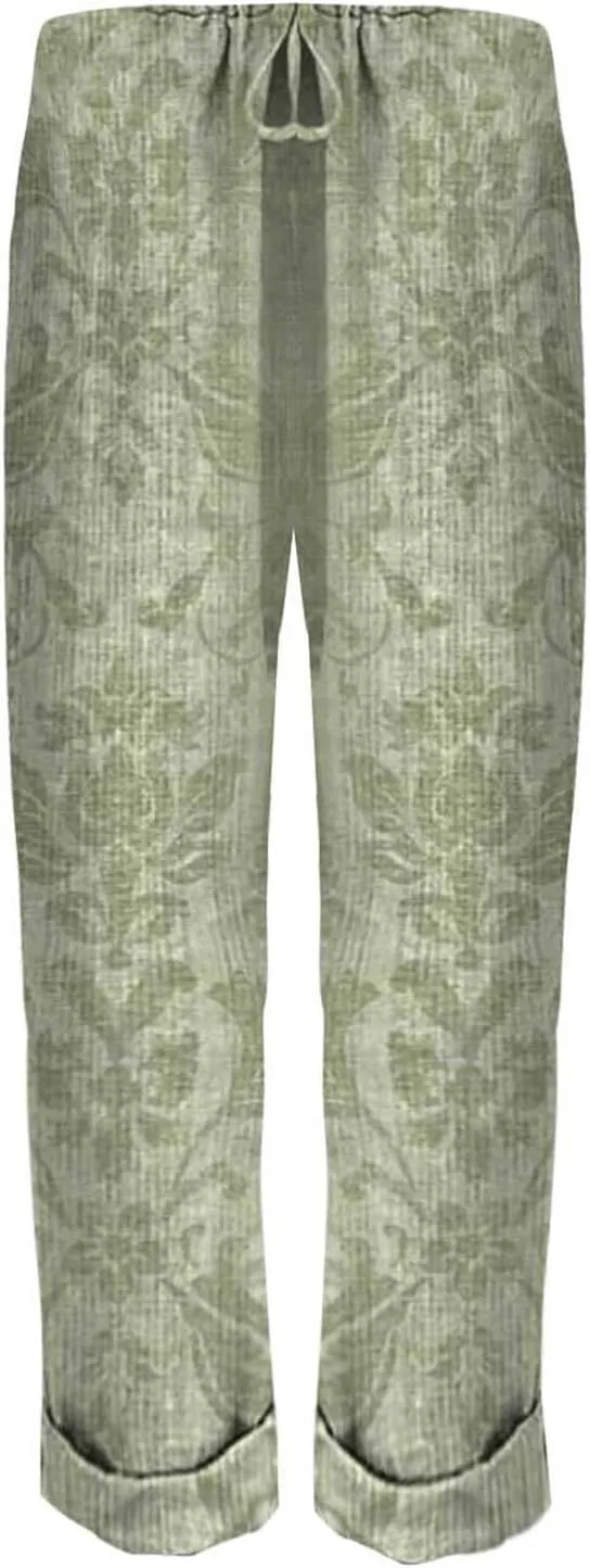 Womens Linen Pants Summer Casual Wide Leg Elastic Waist Tummy Control Trousers Comfy Baggy Beach Pants with Pockets