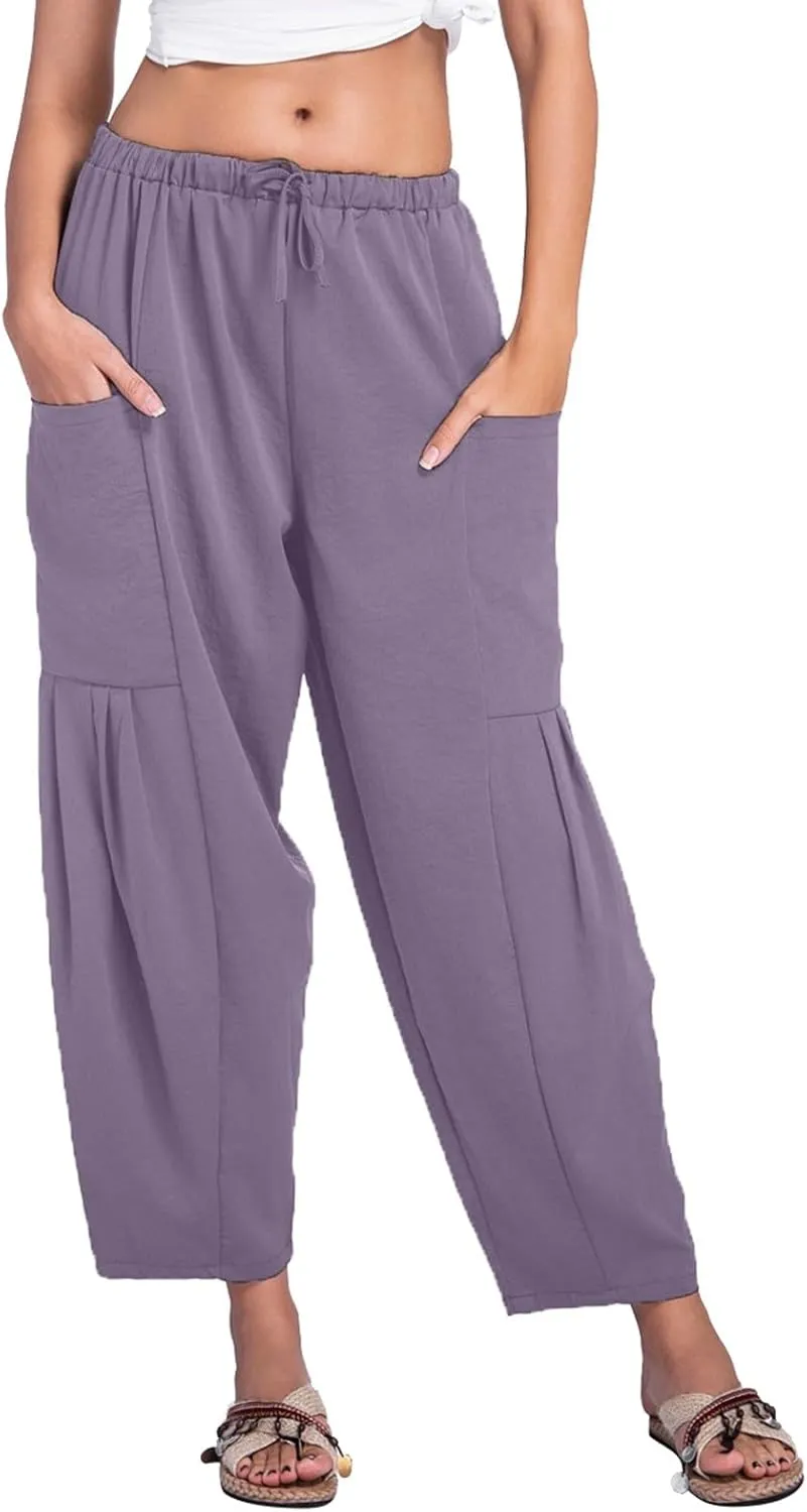 Womens Linen Wide Leg Pants Casual Palazzo Drawstring Summer Beach Travel Vacation Palazzo Harem Pants with Pockets
