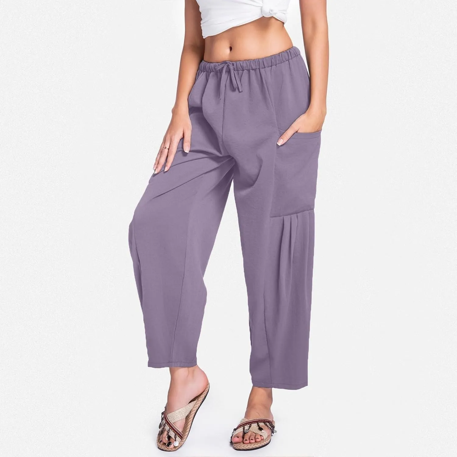 Womens Linen Wide Leg Pants Casual Palazzo Drawstring Summer Beach Travel Vacation Palazzo Harem Pants with Pockets