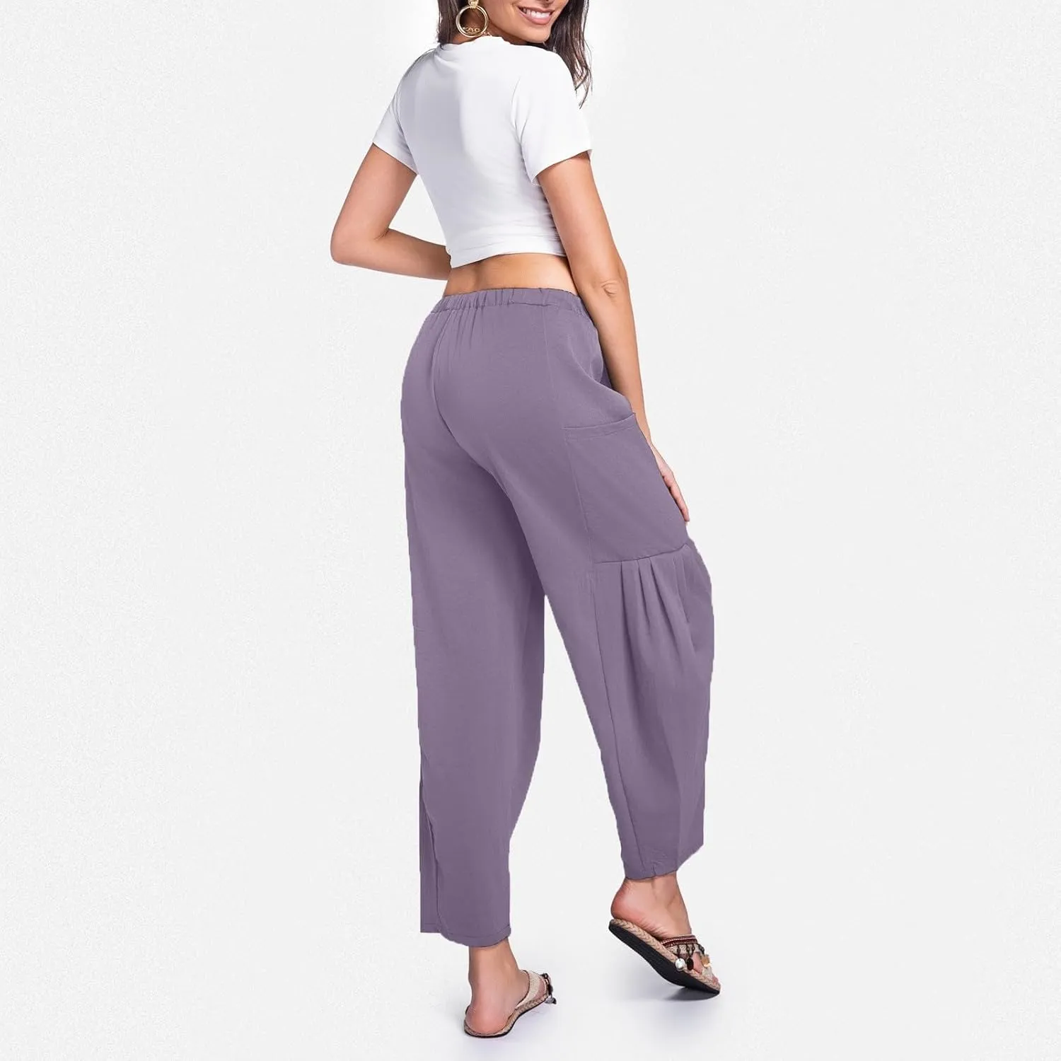 Womens Linen Wide Leg Pants Casual Palazzo Drawstring Summer Beach Travel Vacation Palazzo Harem Pants with Pockets
