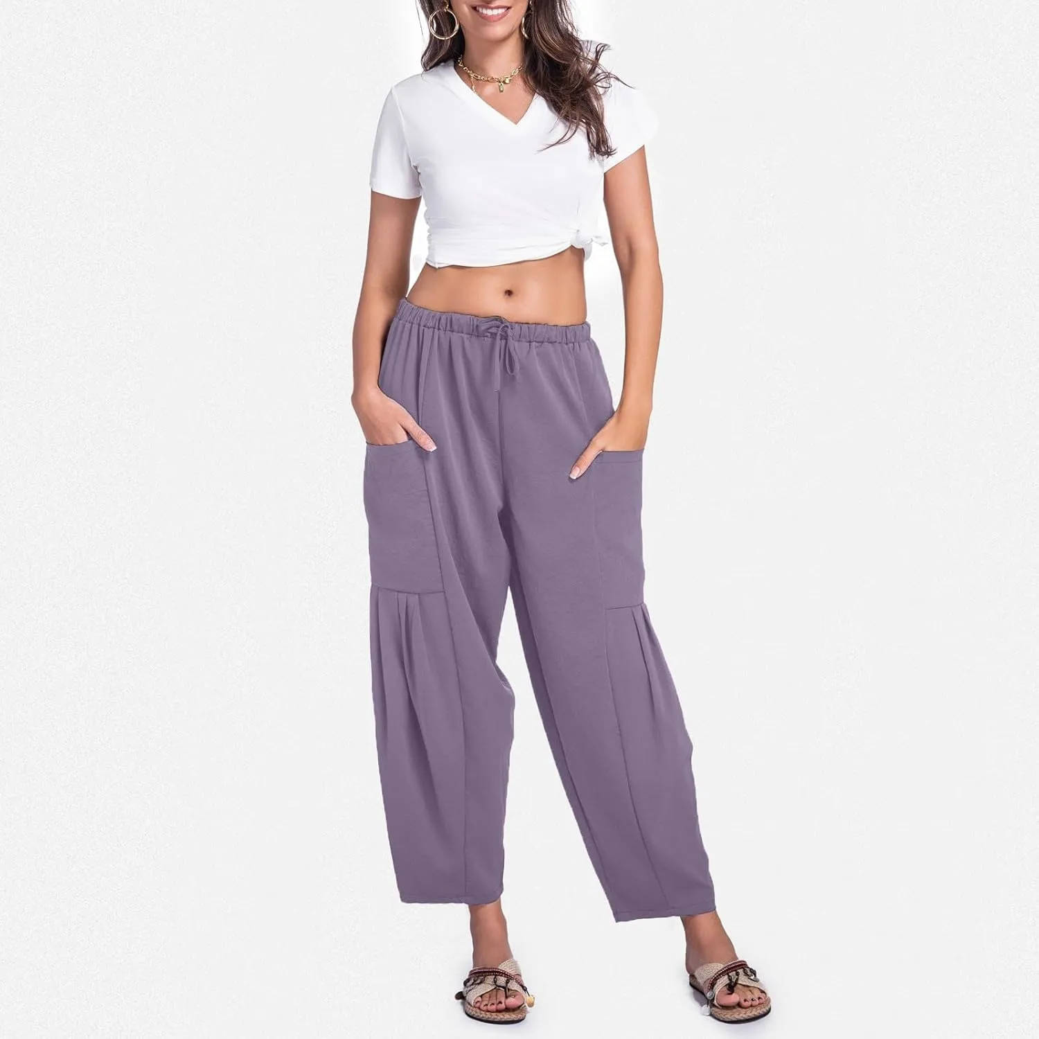 Womens Linen Wide Leg Pants Casual Palazzo Drawstring Summer Beach Travel Vacation Palazzo Harem Pants with Pockets