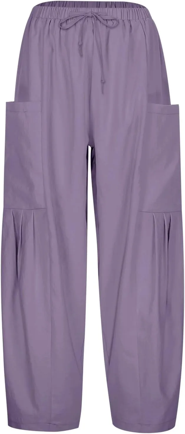 Womens Linen Wide Leg Pants Casual Palazzo Drawstring Summer Beach Travel Vacation Palazzo Harem Pants with Pockets